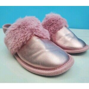 Cat & Jack Girls Metallic Pink Faux Fur Slippers Backstrap Shoes Size XL 11/12